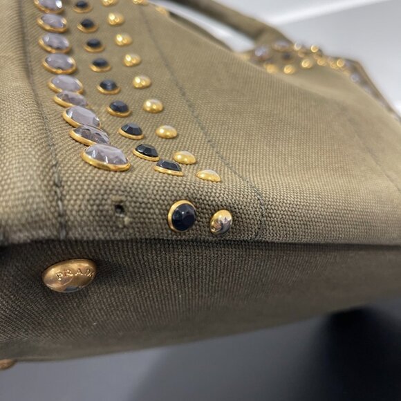 Prada Green Canapa Studded Canvas Handbag Army Green (JB1063) - Picture 9 of 16